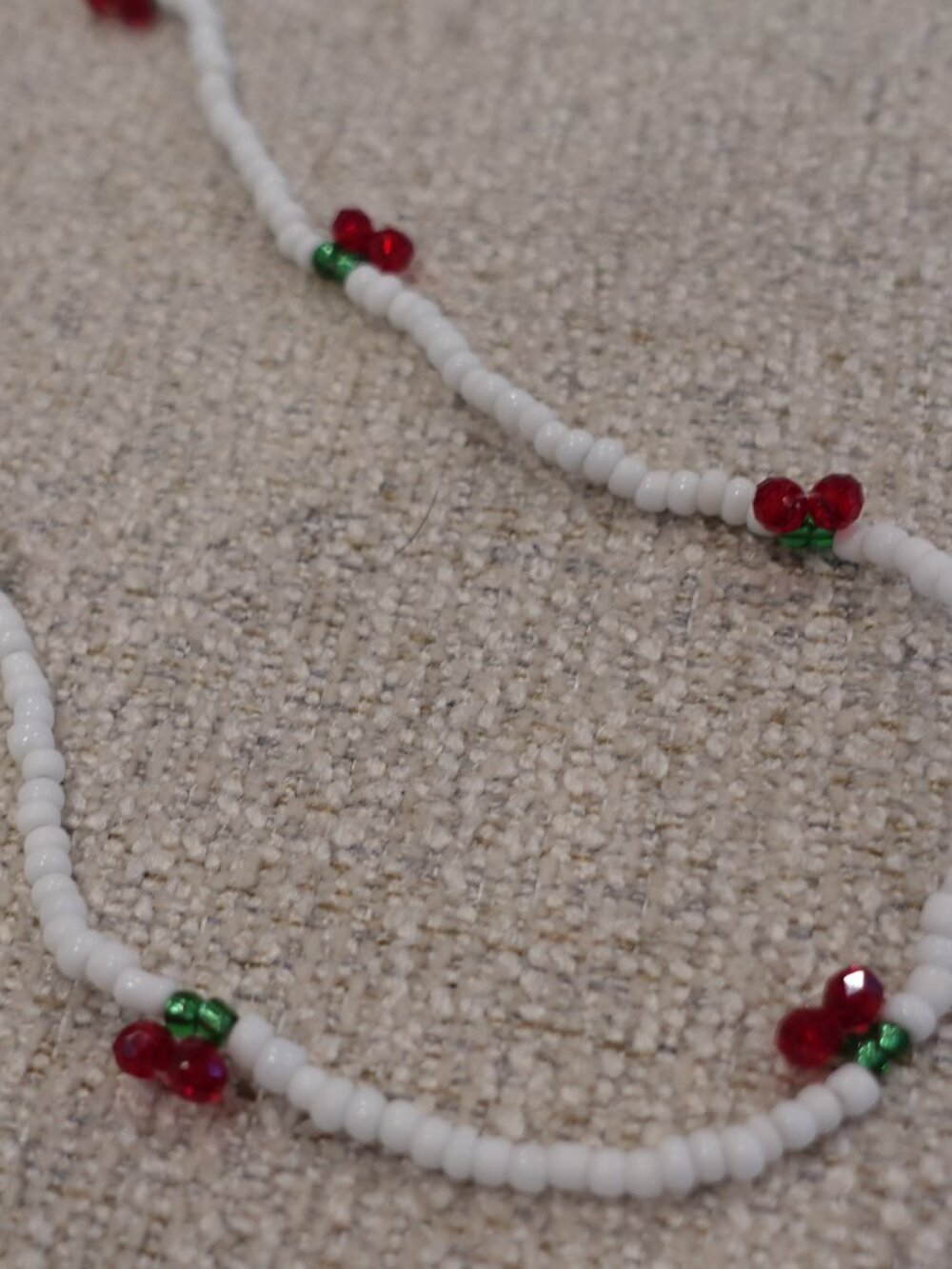Cute Cherry White Beaded Necklace, Silver chain, Korean beaded necklace
